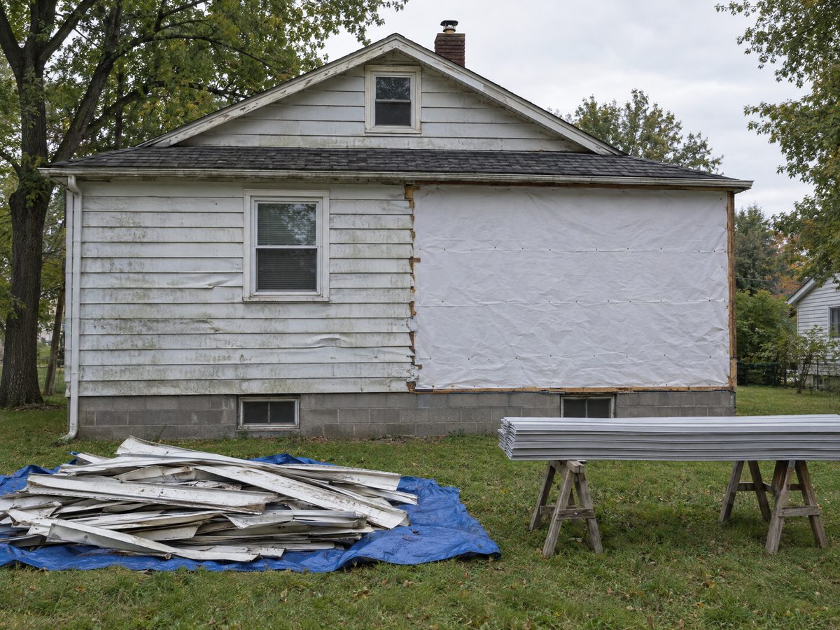 Bungalow side wall mid tear-off: old chalky aluminum siding on the left, house wrap on the right, scrap on a blue tarp