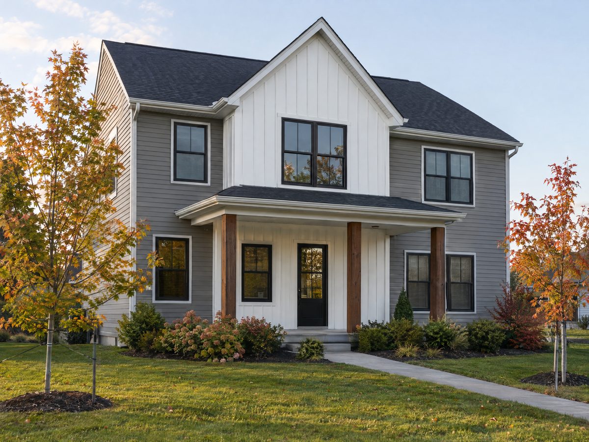 Two-story farmhouse-style home with white board-and-batten siding on the gable and porch, gray lap siding elsewhere