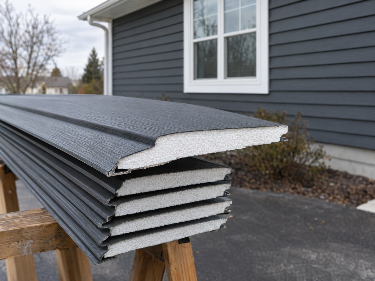 Cut end of charcoal insulated vinyl siding panels on sawhorses, white foam backing bonded to each panel's profile