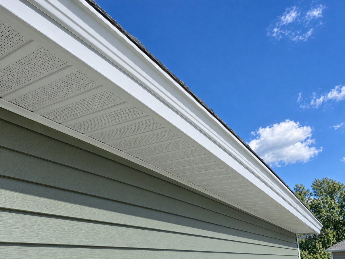 Looking up at an eave with new white vented vinyl soffit, aluminum fascia and gutter over sage-green lap siding