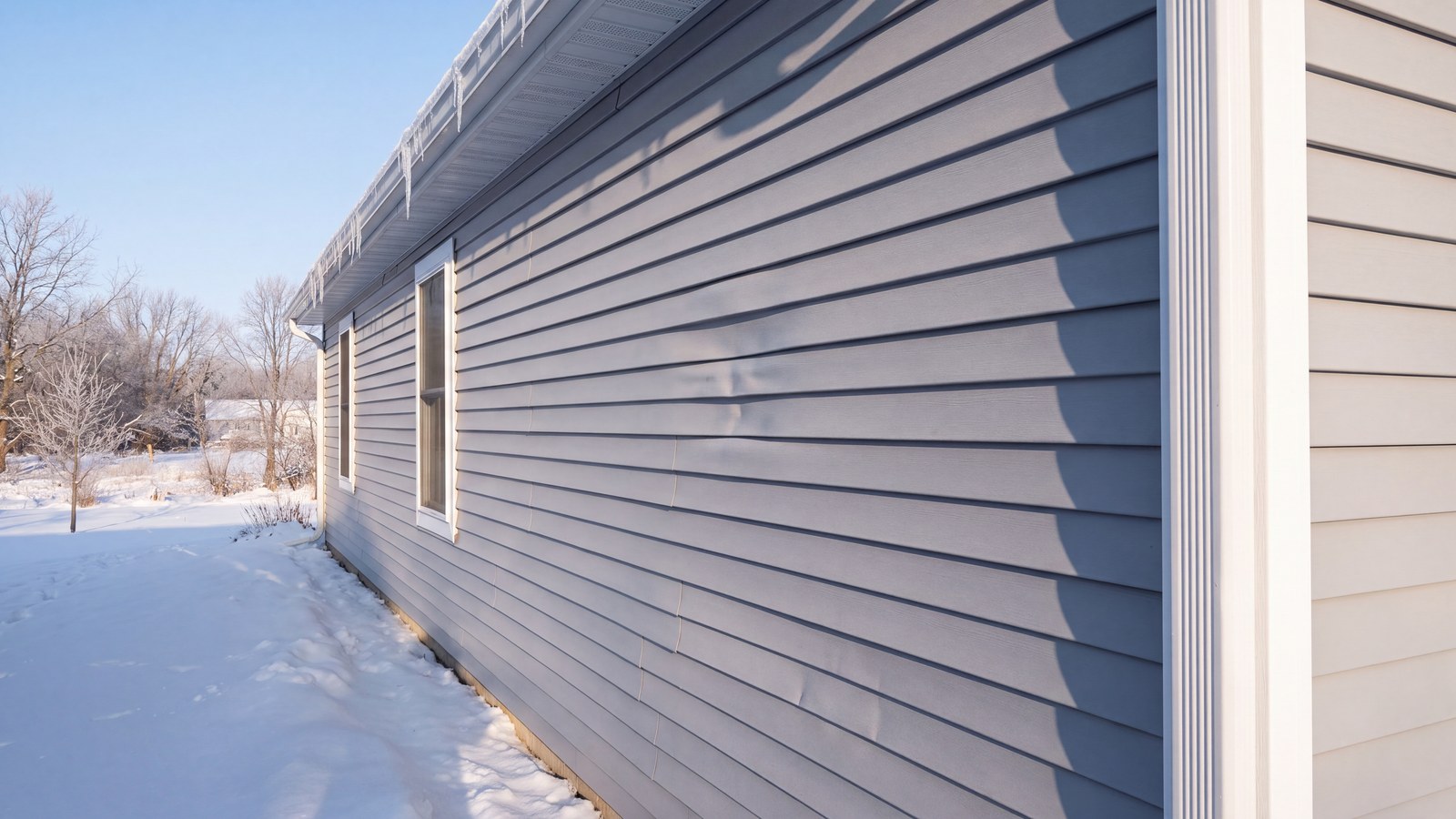 Long gray vinyl siding wall in low winter sun showing wavy, buckled courses, with snow along the foundation and icicles